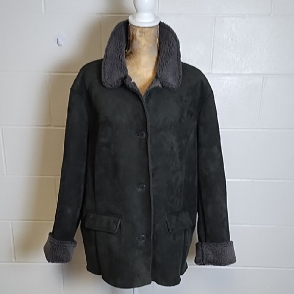 Lands' End Suede  Sherpa Barn Jacket with Prominent Collar and Contrasting Cuffs - Picture 1 of 14
